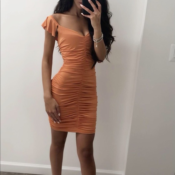 burnt orange ruched dress